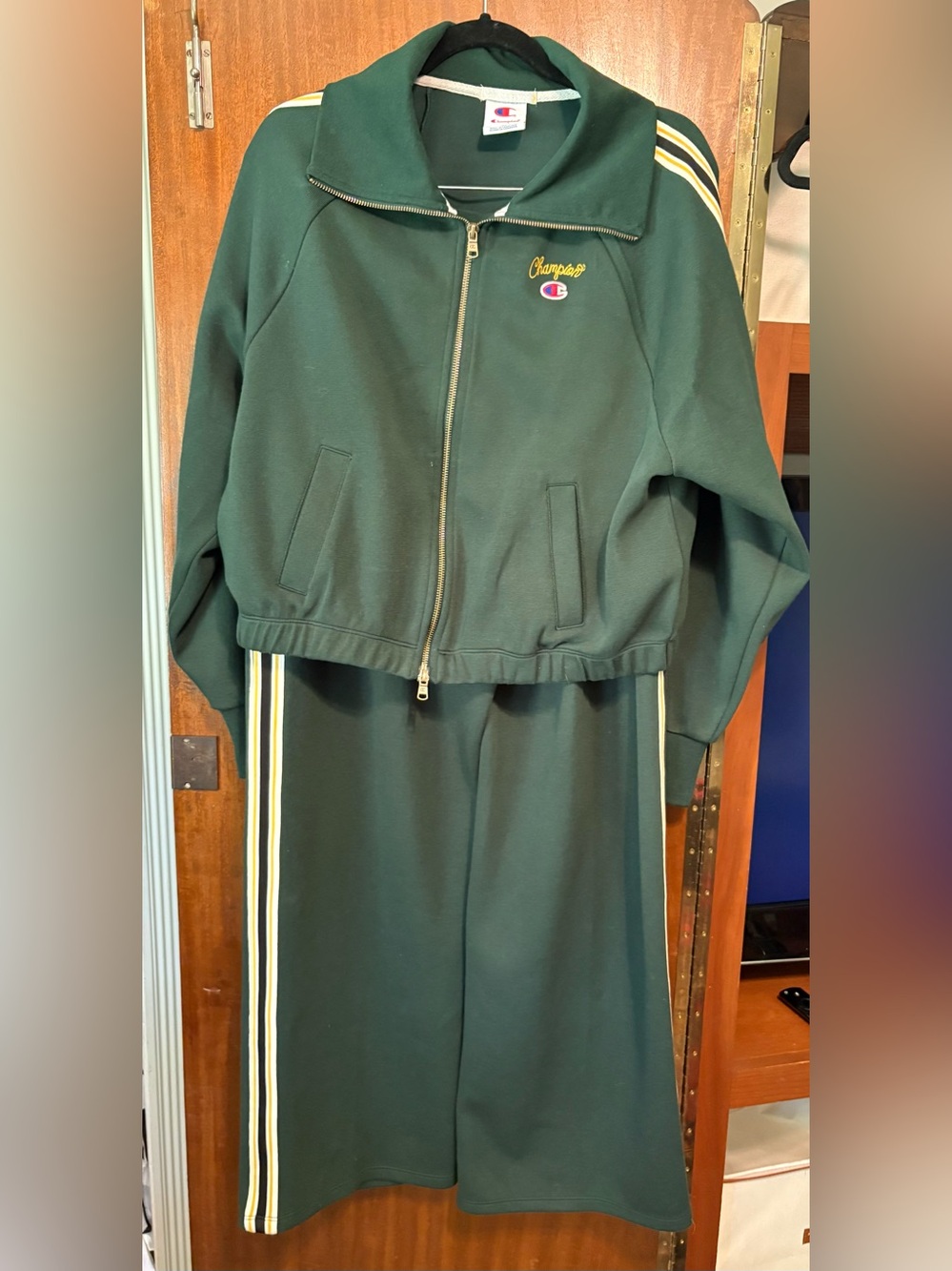 Champion Dark Green Zip-Front Varsity Jacket and Pants Set with Stripe Detail